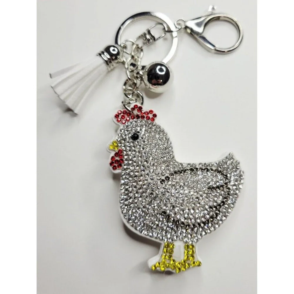 NWT Large Silver White Chicken Rooster Rhinestone Keychain Bag Charm W Tassel